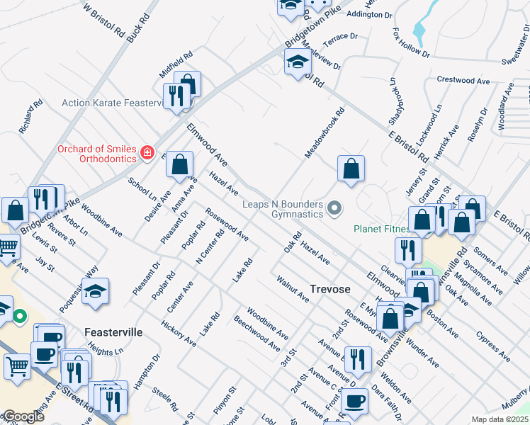 map of restaurants, bars, coffee shops, grocery stores, and more near 318 Hazel Avenue in Feasterville-Trevose