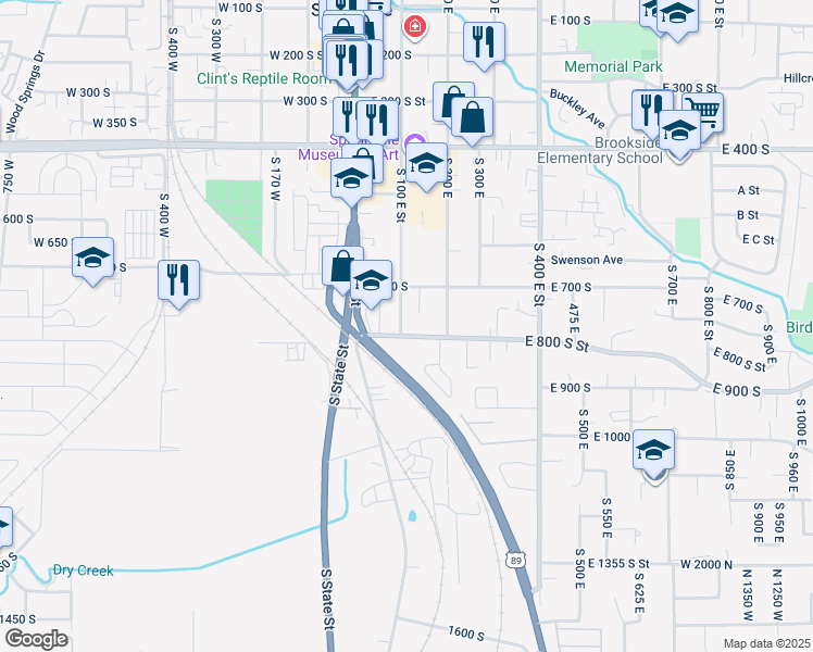 map of restaurants, bars, coffee shops, grocery stores, and more near 98 East 800 South Street in Springville
