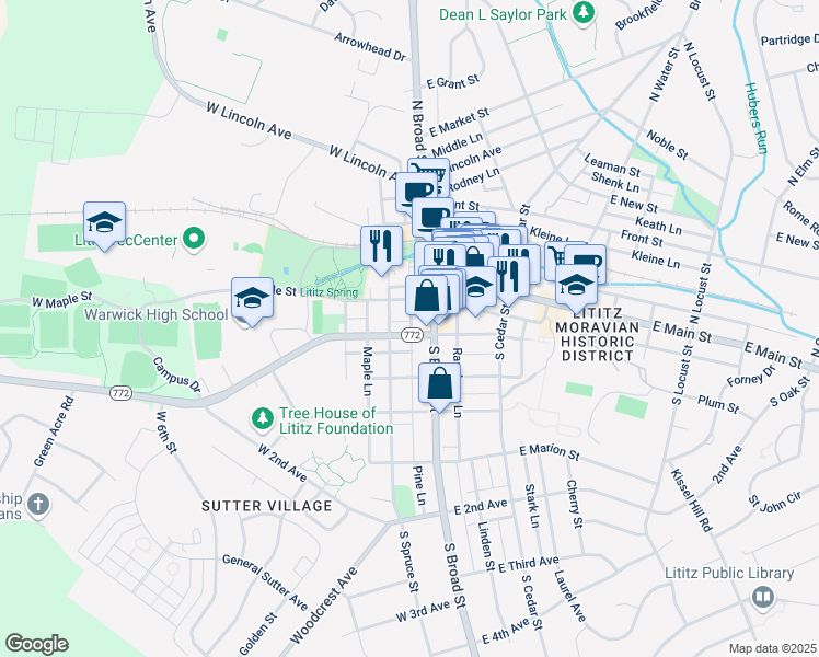 map of restaurants, bars, coffee shops, grocery stores, and more near 112 Pine Lane in Lititz