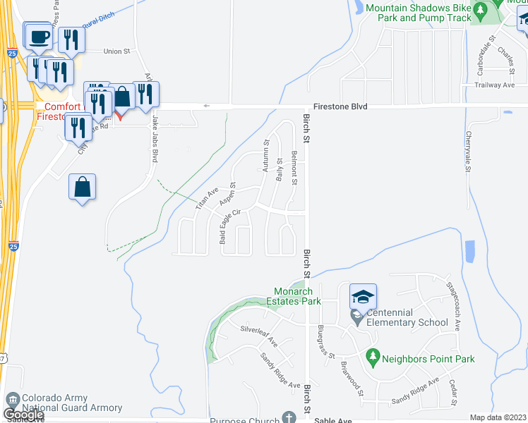 map of restaurants, bars, coffee shops, grocery stores, and more near 4860 Eagle Crest Boulevard in Firestone