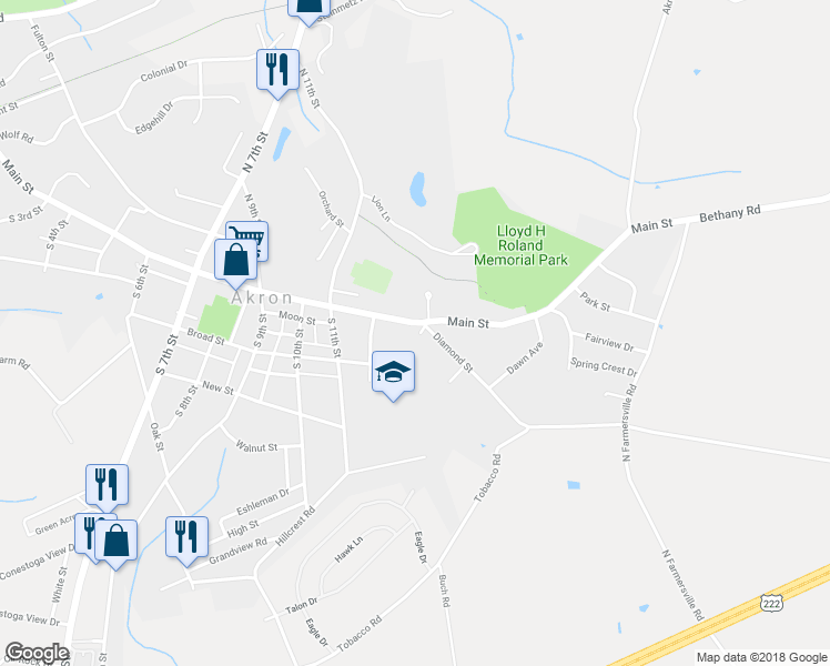 map of restaurants, bars, coffee shops, grocery stores, and more near 1160 Main Street in Akron
