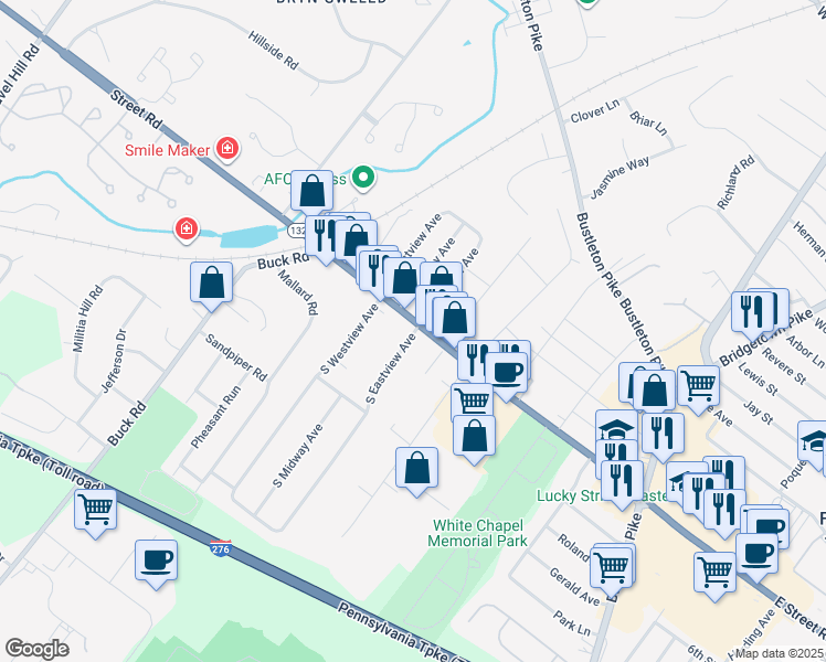 map of restaurants, bars, coffee shops, grocery stores, and more near 400 Street Road in Feasterville-Trevose