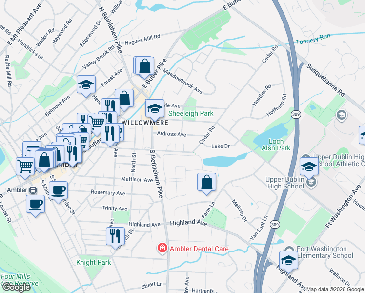 map of restaurants, bars, coffee shops, grocery stores, and more near 6 Lindenwold Terrace in Ambler