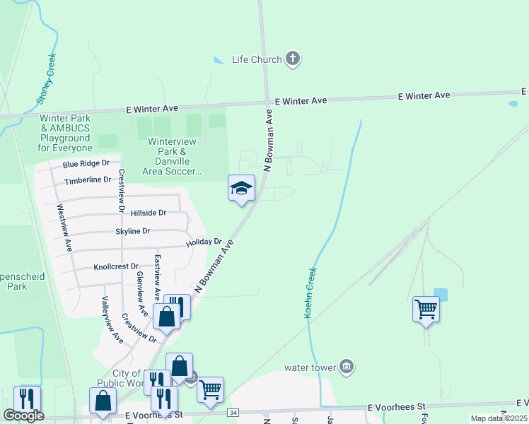 map of restaurants, bars, coffee shops, grocery stores, and more near 1931 North Bowman Avenue in Danville