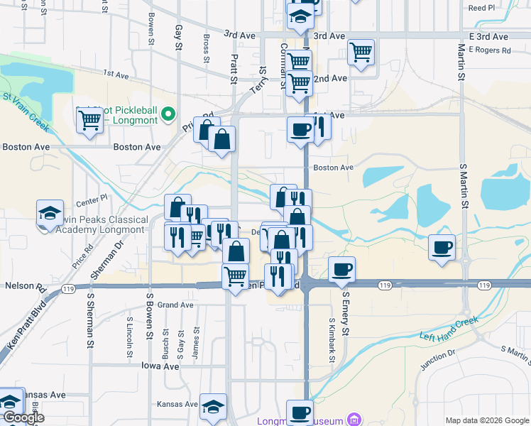 map of restaurants, bars, coffee shops, grocery stores, and more near 720 Delaware Avenue in Longmont