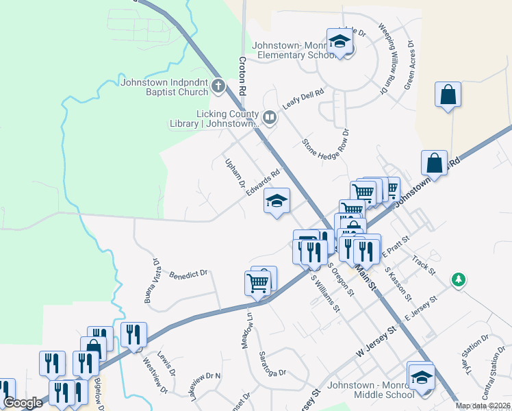 map of restaurants, bars, coffee shops, grocery stores, and more near 133 Edwards Road in Johnstown