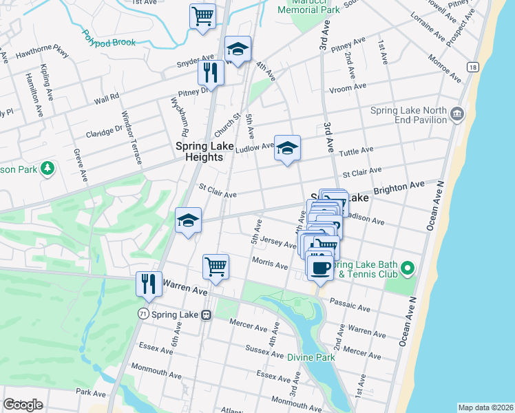 map of restaurants, bars, coffee shops, grocery stores, and more near 501 Washington Avenue in Spring Lake