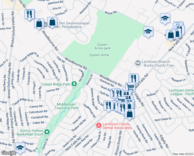 map of restaurants, bars, coffee shops, grocery stores, and more near 70 Quickset Road in Levittown