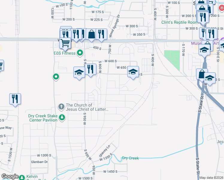 map of restaurants, bars, coffee shops, grocery stores, and more near 727 West 750 South in Springville