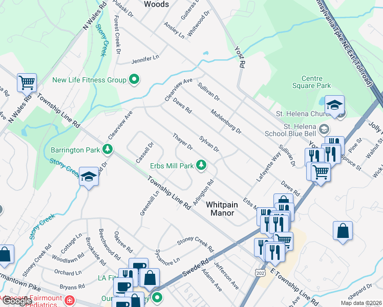 map of restaurants, bars, coffee shops, grocery stores, and more near 1610 Thayer Drive in Blue Bell
