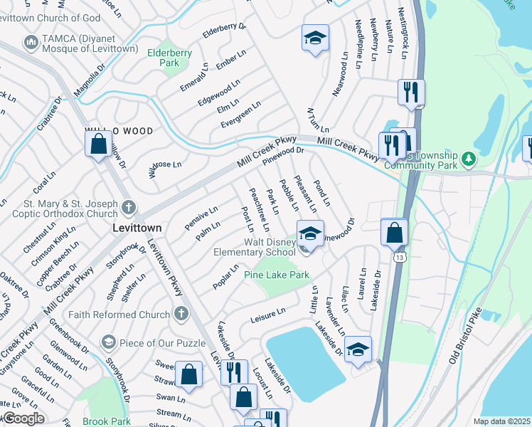 map of restaurants, bars, coffee shops, grocery stores, and more near 24 Peachtree Lane in Levittown