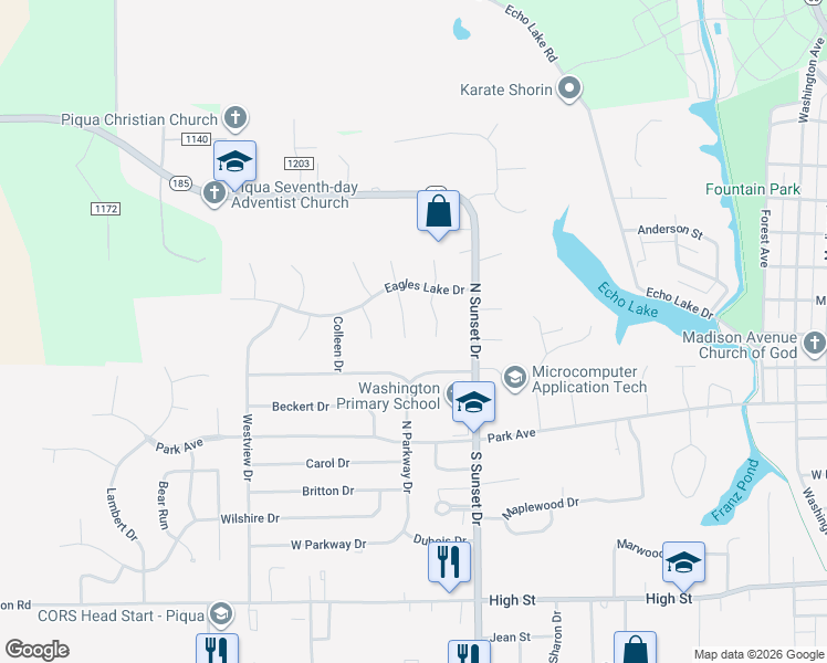map of restaurants, bars, coffee shops, grocery stores, and more near 6 Kestrel Court in Piqua
