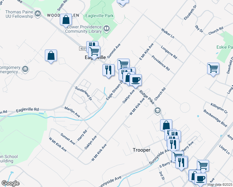 map of restaurants, bars, coffee shops, grocery stores, and more near 38 Prince Drive in Eagleville