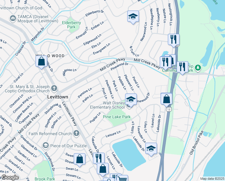 map of restaurants, bars, coffee shops, grocery stores, and more near 24 Peachtree Lane in Levittown