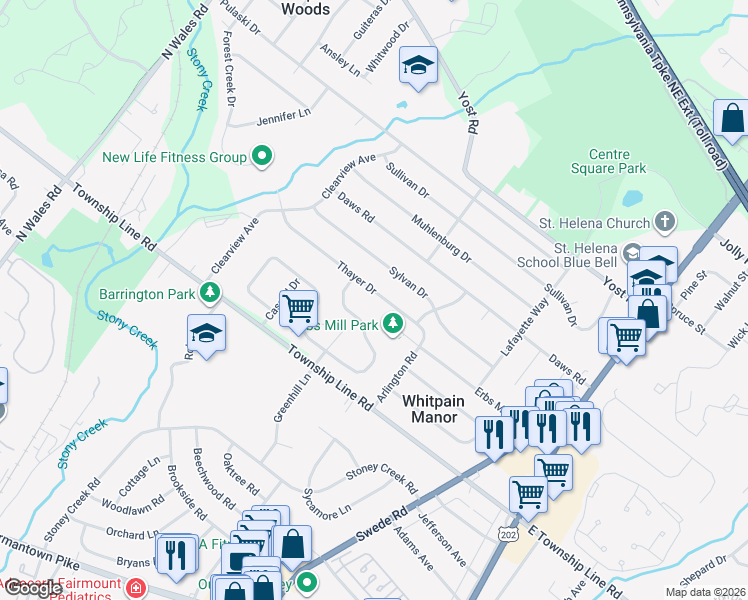 map of restaurants, bars, coffee shops, grocery stores, and more near 1610 Thayer Drive in Blue Bell