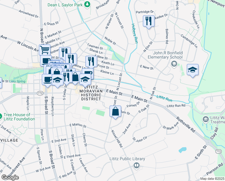 map of restaurants, bars, coffee shops, grocery stores, and more near 361 East Main Street in Lititz