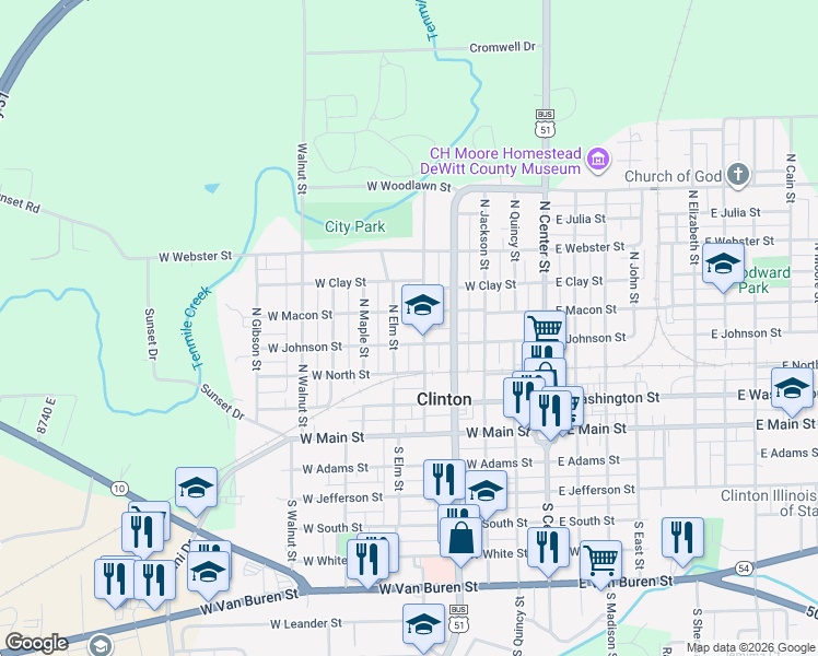 map of restaurants, bars, coffee shops, grocery stores, and more near 411 North Mulberry Street in Clinton