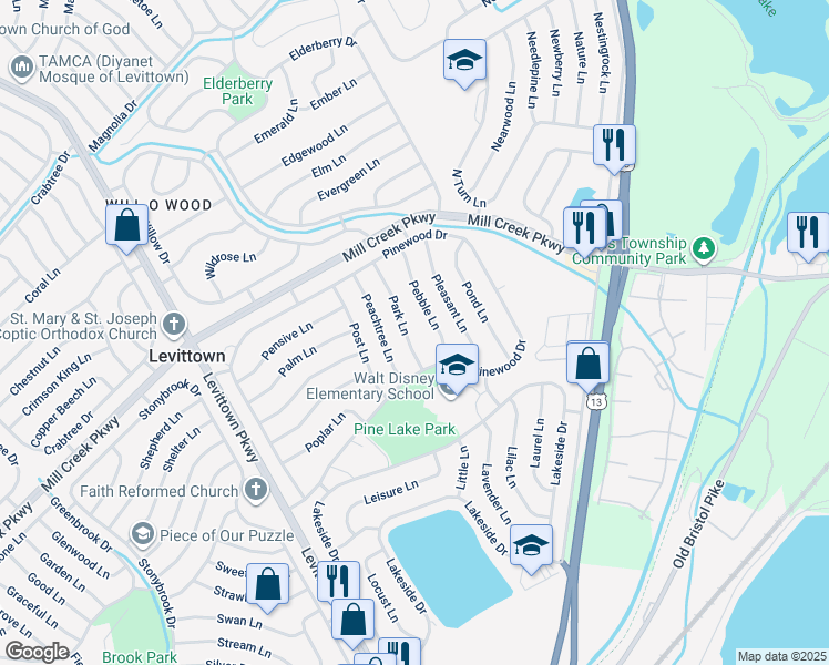 map of restaurants, bars, coffee shops, grocery stores, and more near 18 Park Lane in Levittown