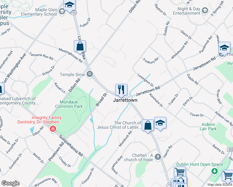 map of restaurants, bars, coffee shops, grocery stores, and more near 1410 Limekiln Pike in Dresher