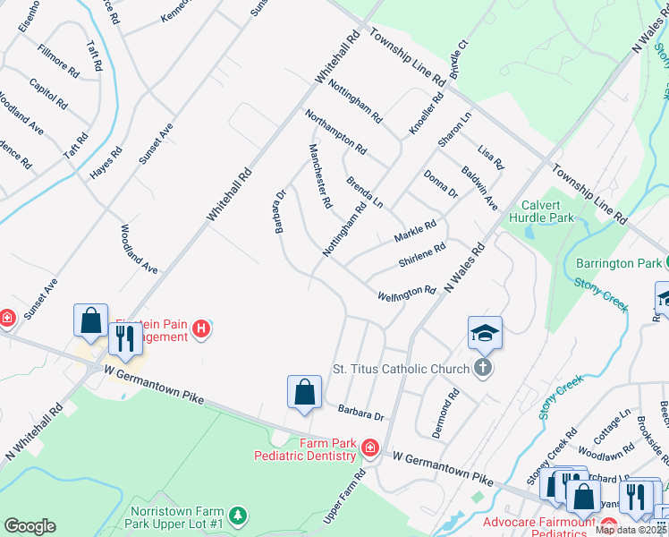 map of restaurants, bars, coffee shops, grocery stores, and more near 542 Wellington Road in Norristown