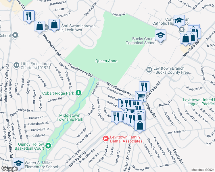 map of restaurants, bars, coffee shops, grocery stores, and more near 58 Quickset Road in Levittown