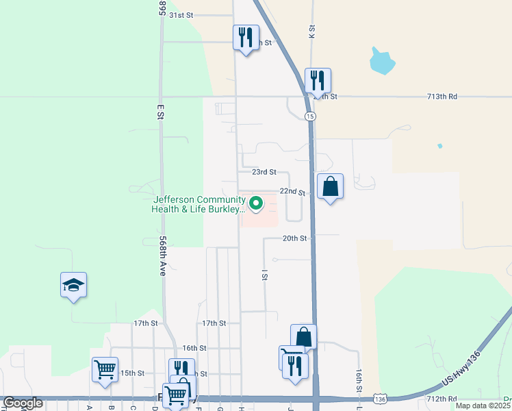 map of restaurants, bars, coffee shops, grocery stores, and more near 2200 H Street in Fairbury
