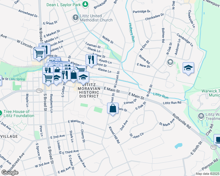 map of restaurants, bars, coffee shops, grocery stores, and more near 361 East Main Street in Lititz