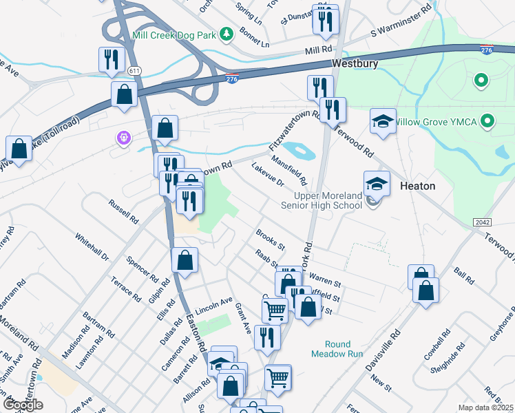 map of restaurants, bars, coffee shops, grocery stores, and more near 701 Sampson Avenue in Willow Grove