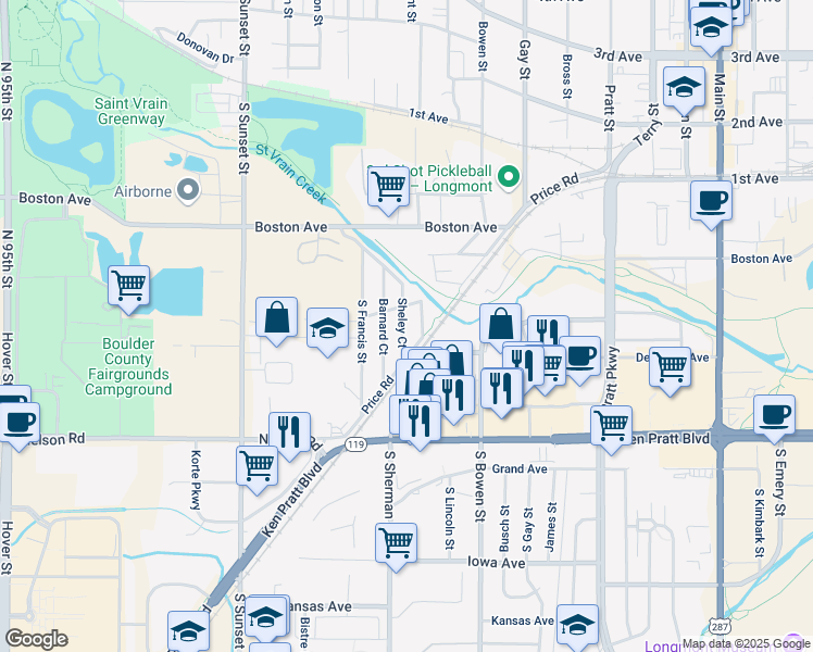 map of restaurants, bars, coffee shops, grocery stores, and more near 314 Barnard Court in Longmont
