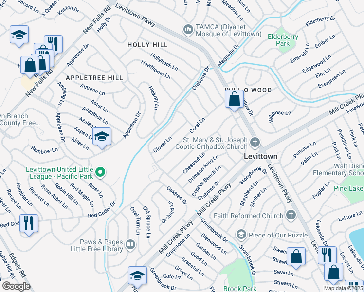map of restaurants, bars, coffee shops, grocery stores, and more near 36 Coral Ln in Levittown