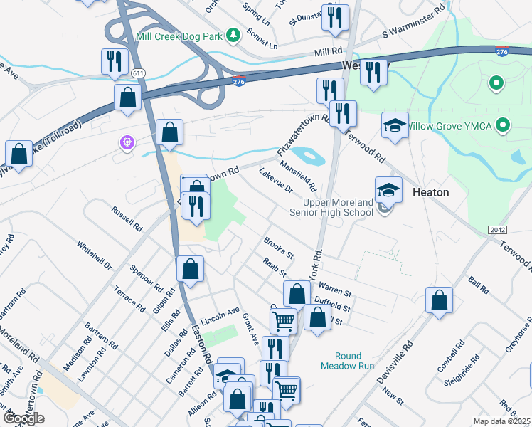 map of restaurants, bars, coffee shops, grocery stores, and more near 701 Sampson Avenue in Willow Grove