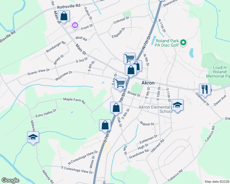 map of restaurants, bars, coffee shops, grocery stores, and more near 56 South 6th Street in Akron