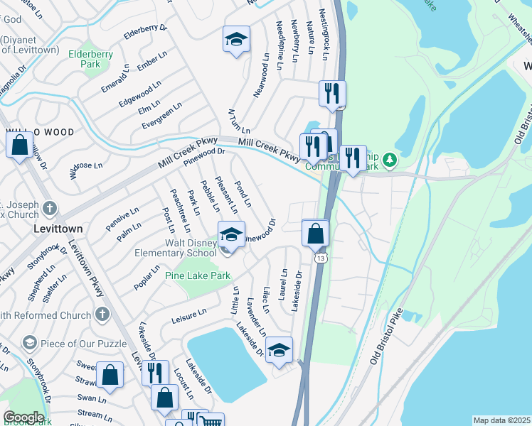 map of restaurants, bars, coffee shops, grocery stores, and more near 280 Pinewood Drive in Levittown