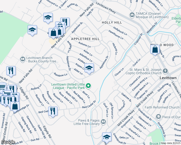 map of restaurants, bars, coffee shops, grocery stores, and more near 10 Aspen Lane in Levittown