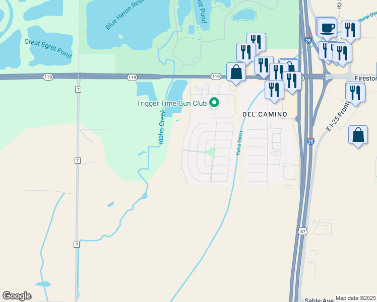 map of restaurants, bars, coffee shops, grocery stores, and more near 10600 Butte Drive in Longmont