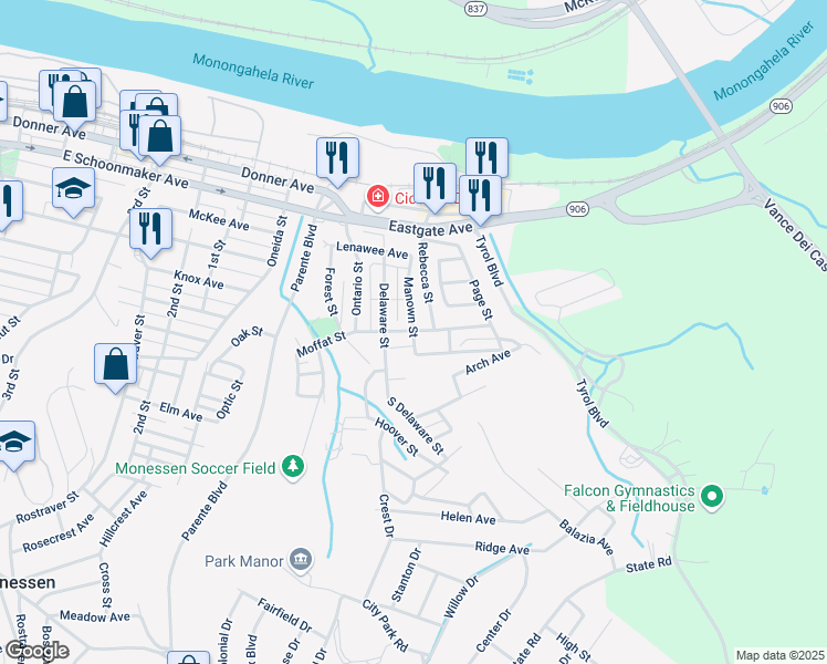 map of restaurants, bars, coffee shops, grocery stores, and more near Manown Street in Monessen