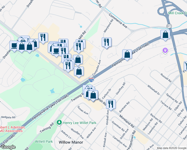 map of restaurants, bars, coffee shops, grocery stores, and more near 2272 Computer Avenue in Willow Grove