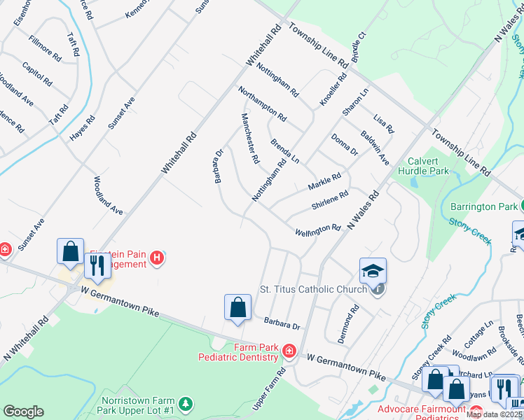 map of restaurants, bars, coffee shops, grocery stores, and more near 542 Wellington Road in Norristown