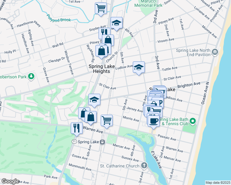 map of restaurants, bars, coffee shops, grocery stores, and more near 524 Saint Clair Avenue in Spring Lake