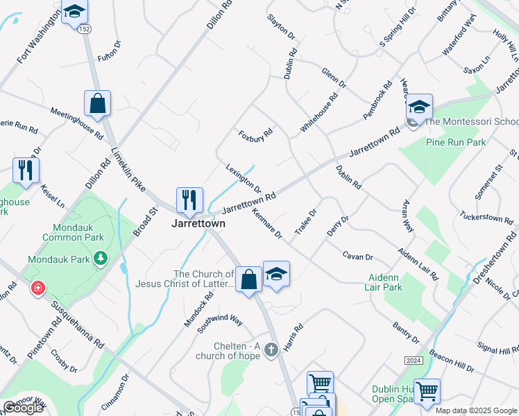 map of restaurants, bars, coffee shops, grocery stores, and more near 1555 Jarrettown Road in Dresher