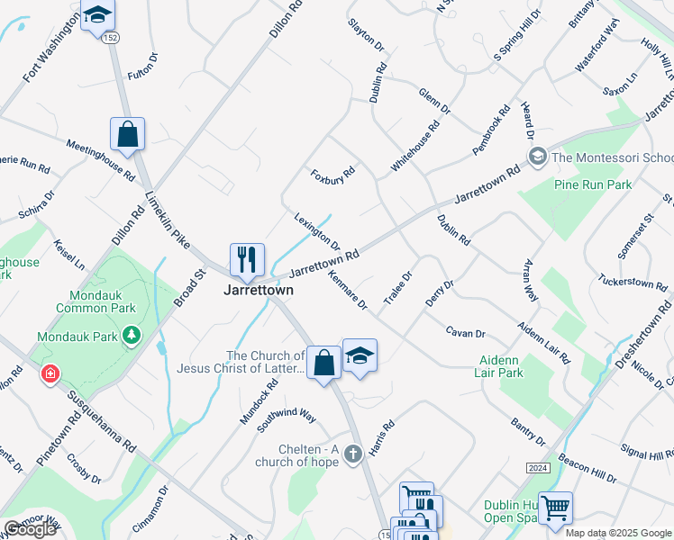 map of restaurants, bars, coffee shops, grocery stores, and more near 1555 Jarrettown Road in Dresher