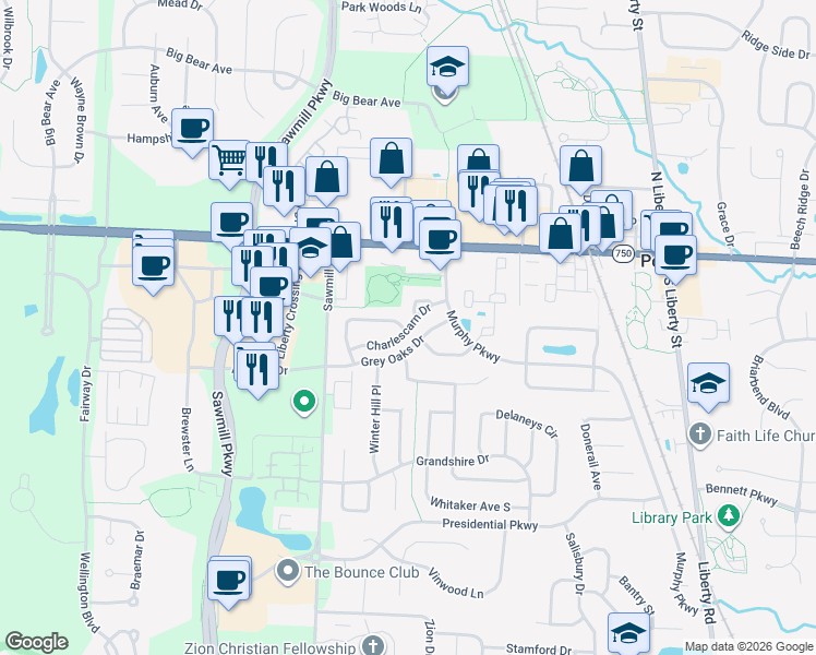 map of restaurants, bars, coffee shops, grocery stores, and more near 390 Charlescarn Drive in Powell