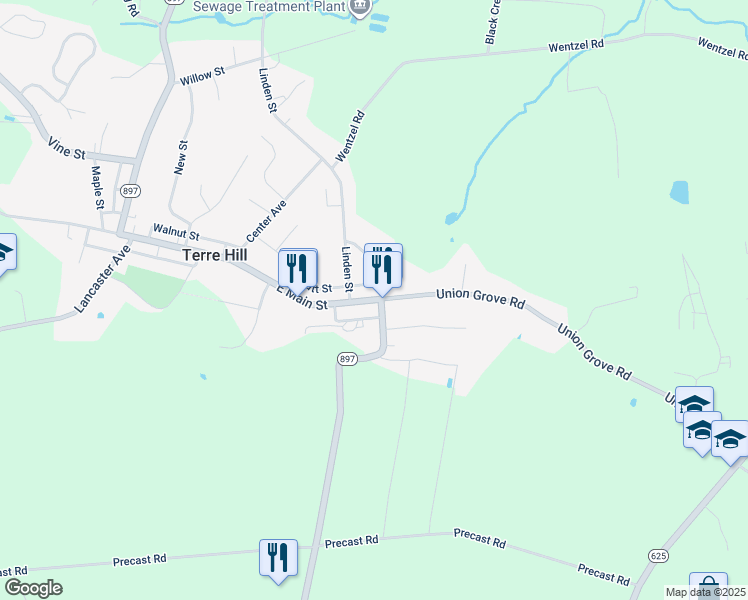map of restaurants, bars, coffee shops, grocery stores, and more near 313 East Main Street in East Earl