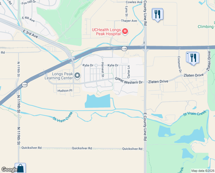 map of restaurants, bars, coffee shops, grocery stores, and more near 4 Cattail Court in Longmont