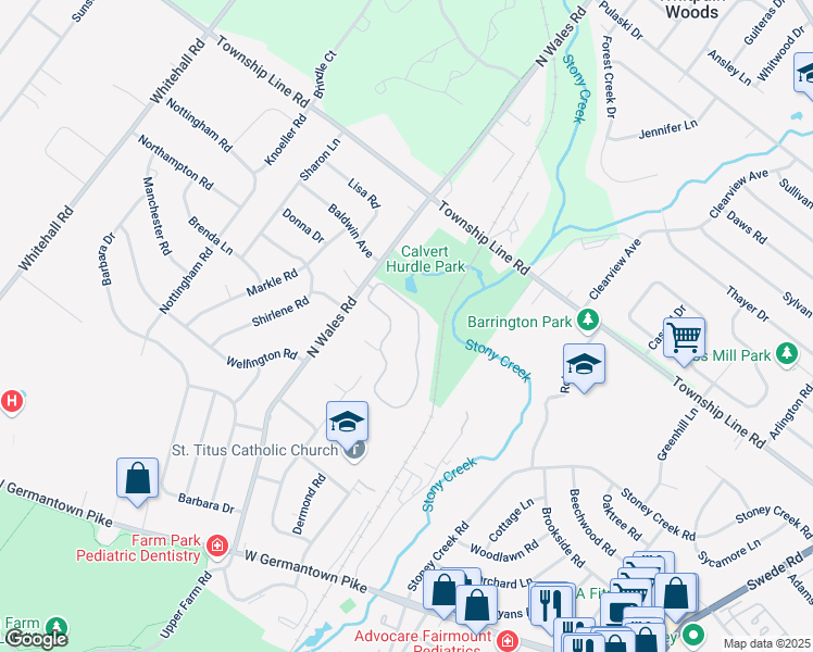 map of restaurants, bars, coffee shops, grocery stores, and more near 121 Stony Way in Eagleville
