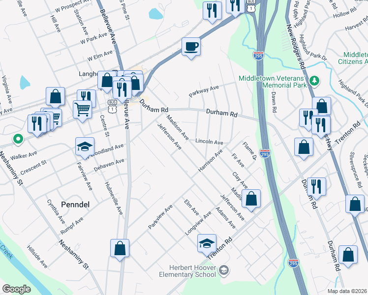 map of restaurants, bars, coffee shops, grocery stores, and more near 458 Madison Avenue in Langhorne