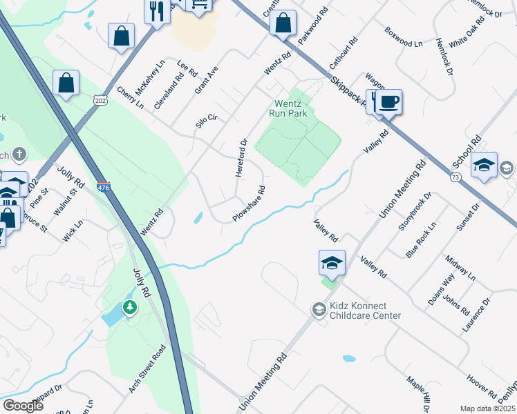 map of restaurants, bars, coffee shops, grocery stores, and more near 1126 Plowshare Road in Blue Bell