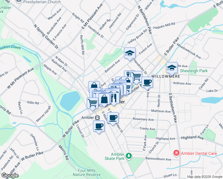 map of restaurants, bars, coffee shops, grocery stores, and more near 50 School Street in Ambler