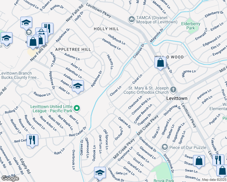 map of restaurants, bars, coffee shops, grocery stores, and more near 27 Clover Lane in Levittown