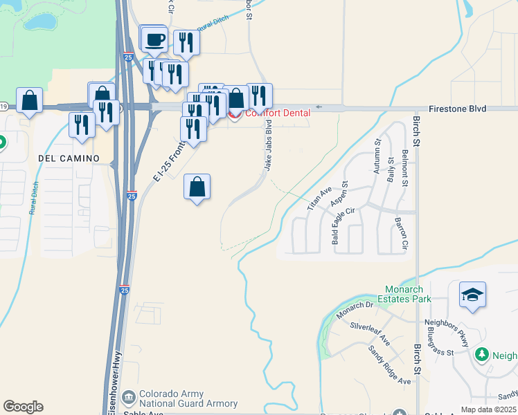 map of restaurants, bars, coffee shops, grocery stores, and more near 10858 Jake Jabs Boulevard in Firestone